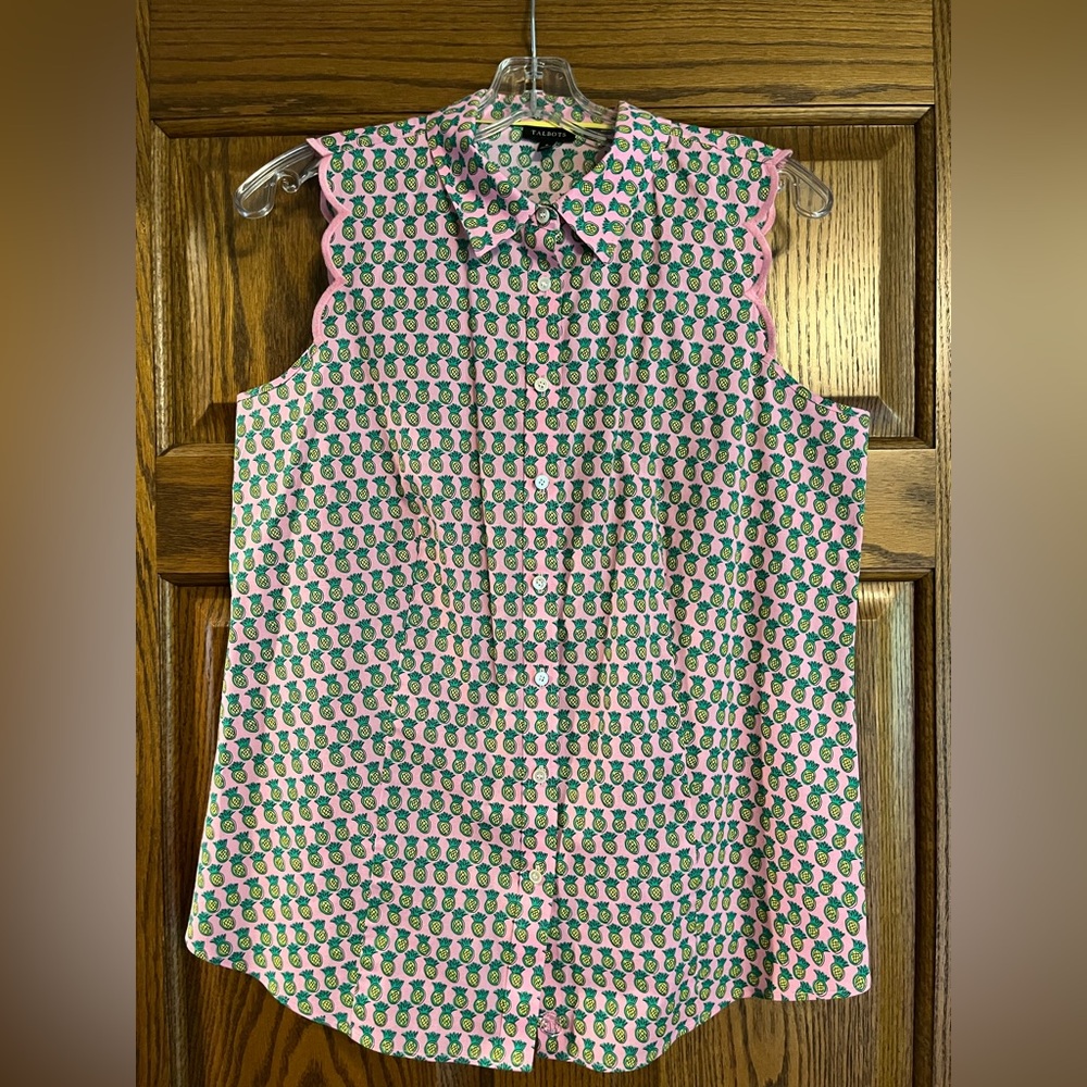 Talbots Pink and Green Pineapple Print Scalloped Trim Sleeveless Top -Size 8